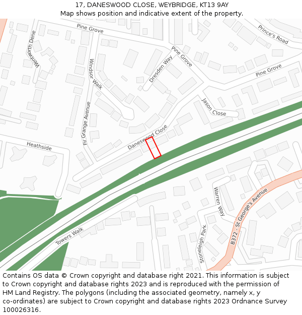 17, DANESWOOD CLOSE, WEYBRIDGE, KT13 9AY: Location map and indicative extent of plot