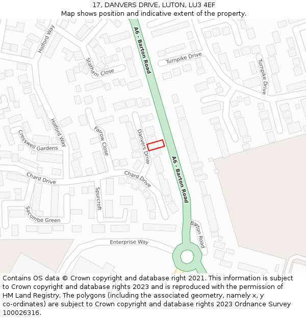 17, DANVERS DRIVE, LUTON, LU3 4EF: Location map and indicative extent of plot