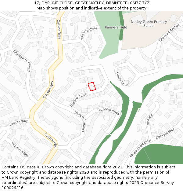 17, DAPHNE CLOSE, GREAT NOTLEY, BRAINTREE, CM77 7YZ: Location map and indicative extent of plot