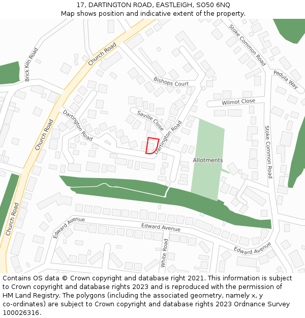 17, DARTINGTON ROAD, EASTLEIGH, SO50 6NQ: Location map and indicative extent of plot