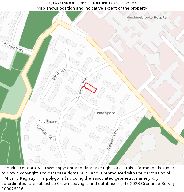 17, DARTMOOR DRIVE, HUNTINGDON, PE29 6XT: Location map and indicative extent of plot