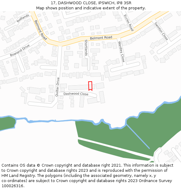 17, DASHWOOD CLOSE, IPSWICH, IP8 3SR: Location map and indicative extent of plot
