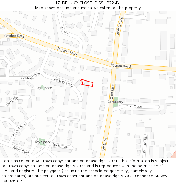 17, DE LUCY CLOSE, DISS, IP22 4YL: Location map and indicative extent of plot