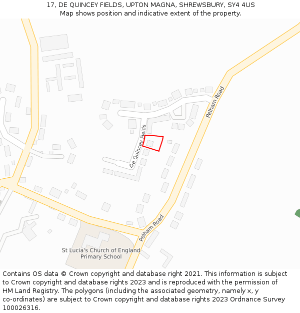 17, DE QUINCEY FIELDS, UPTON MAGNA, SHREWSBURY, SY4 4US: Location map and indicative extent of plot