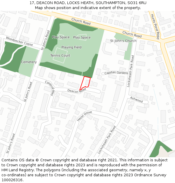 17, DEACON ROAD, LOCKS HEATH, SOUTHAMPTON, SO31 6RU: Location map and indicative extent of plot