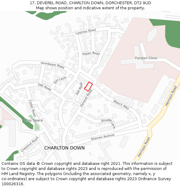 17, DEVEREL ROAD, CHARLTON DOWN, DORCHESTER, DT2 9UD: Location map and indicative extent of plot