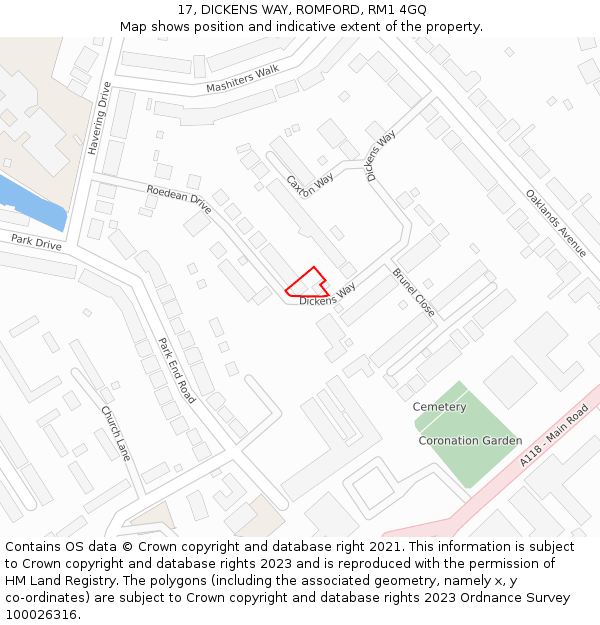 17, DICKENS WAY, ROMFORD, RM1 4GQ: Location map and indicative extent of plot