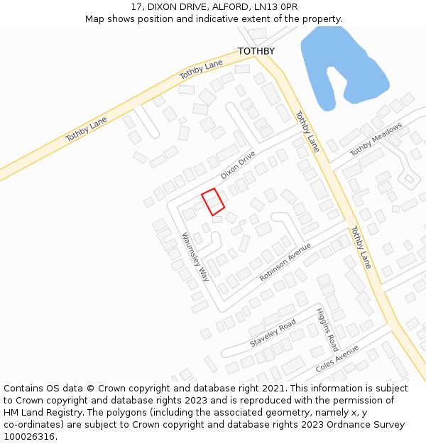 17, DIXON DRIVE, ALFORD, LN13 0PR: Location map and indicative extent of plot