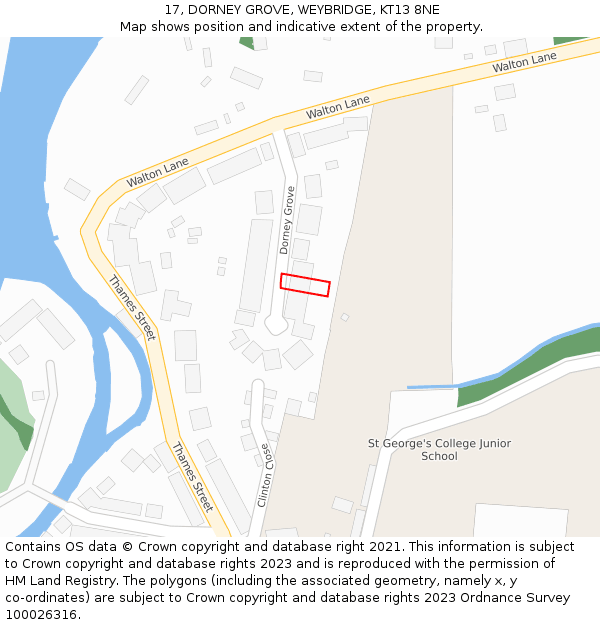 17, DORNEY GROVE, WEYBRIDGE, KT13 8NE: Location map and indicative extent of plot