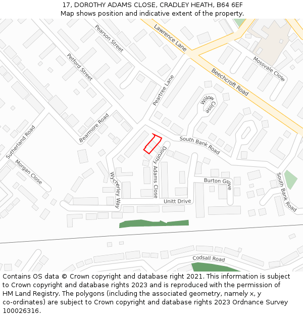 17, DOROTHY ADAMS CLOSE, CRADLEY HEATH, B64 6EF: Location map and indicative extent of plot