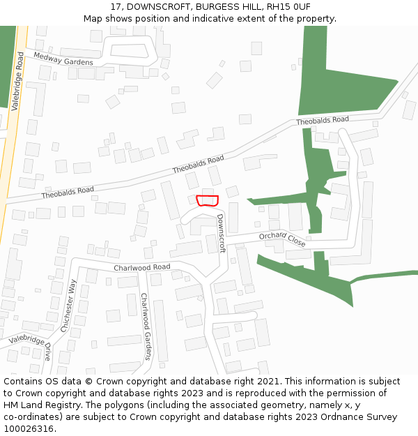 17, DOWNSCROFT, BURGESS HILL, RH15 0UF: Location map and indicative extent of plot