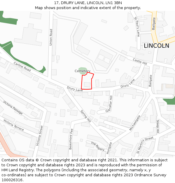 17, DRURY LANE, LINCOLN, LN1 3BN: Location map and indicative extent of plot
