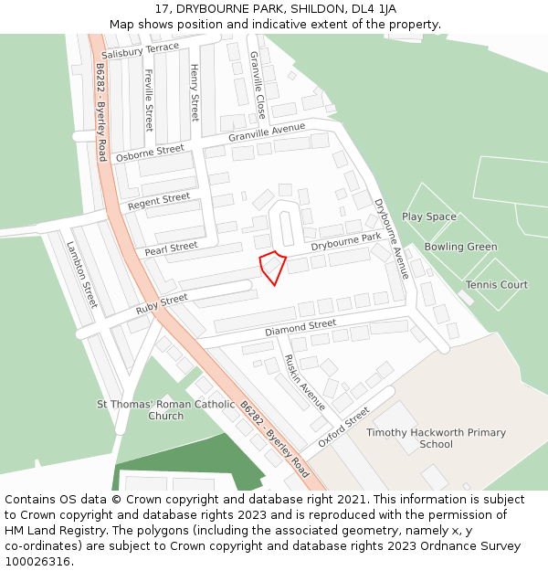 17, DRYBOURNE PARK, SHILDON, DL4 1JA: Location map and indicative extent of plot