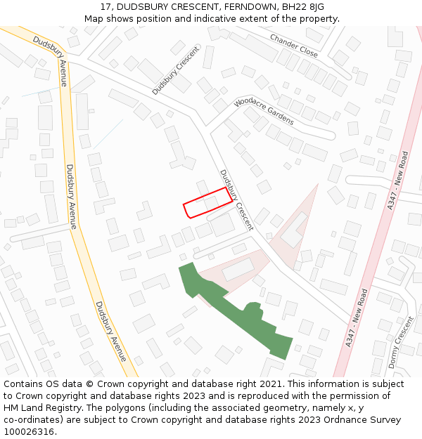 17, DUDSBURY CRESCENT, FERNDOWN, BH22 8JG: Location map and indicative extent of plot