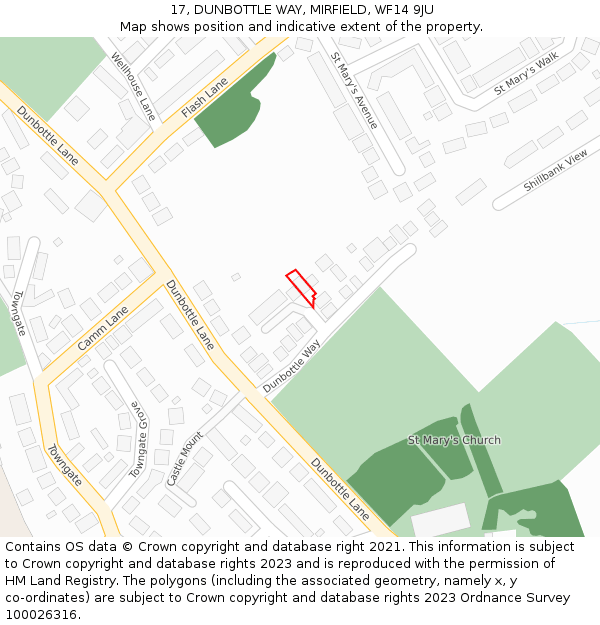 17, DUNBOTTLE WAY, MIRFIELD, WF14 9JU: Location map and indicative extent of plot