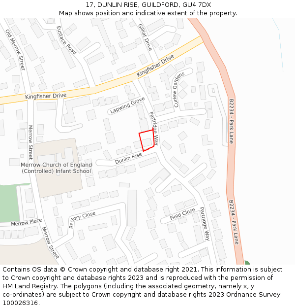 17, DUNLIN RISE, GUILDFORD, GU4 7DX: Location map and indicative extent of plot