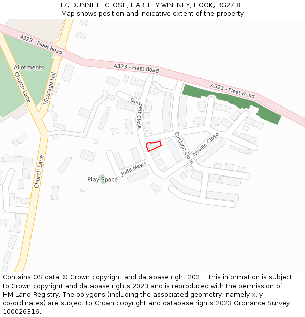 17, DUNNETT CLOSE, HARTLEY WINTNEY, HOOK, RG27 8FE: Location map and indicative extent of plot