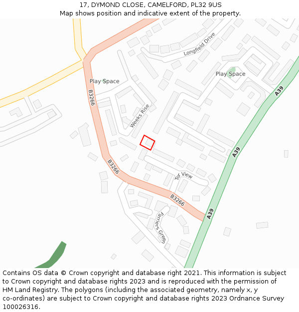 17, DYMOND CLOSE, CAMELFORD, PL32 9US: Location map and indicative extent of plot