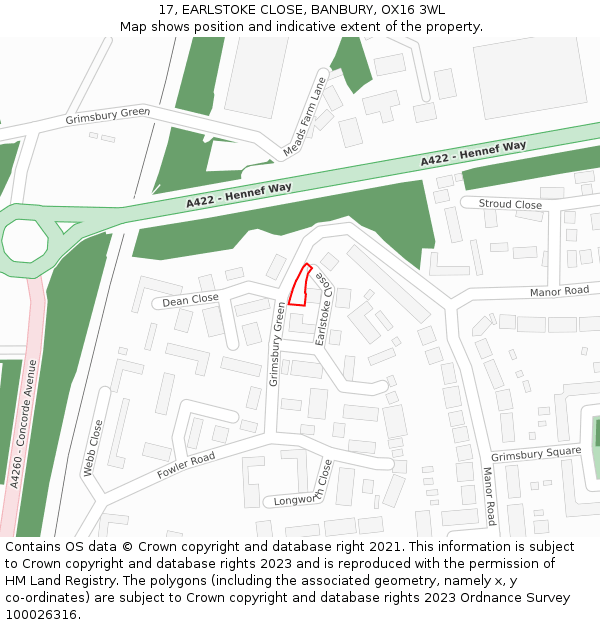 17, EARLSTOKE CLOSE, BANBURY, OX16 3WL: Location map and indicative extent of plot