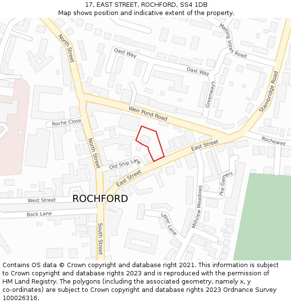 17, EAST STREET, ROCHFORD, SS4 1DB: Location map and indicative extent of plot