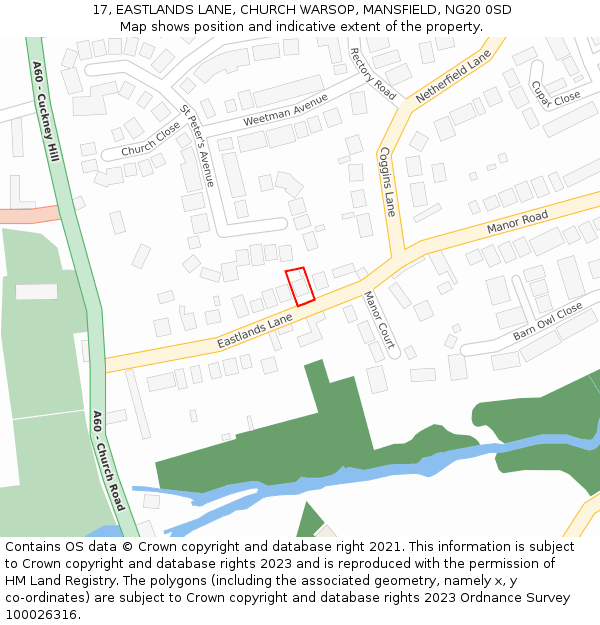 17, EASTLANDS LANE, CHURCH WARSOP, MANSFIELD, NG20 0SD: Location map and indicative extent of plot
