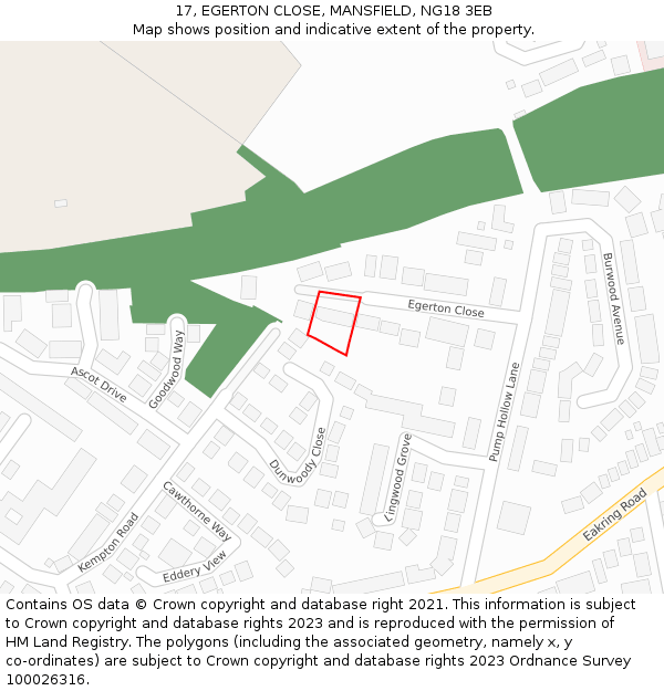 17, EGERTON CLOSE, MANSFIELD, NG18 3EB: Location map and indicative extent of plot