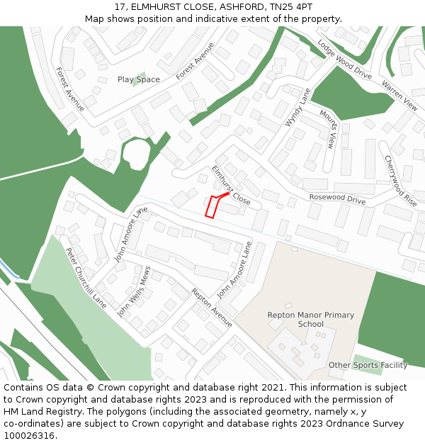 17, ELMHURST CLOSE, ASHFORD, TN25 4PT: Location map and indicative extent of plot
