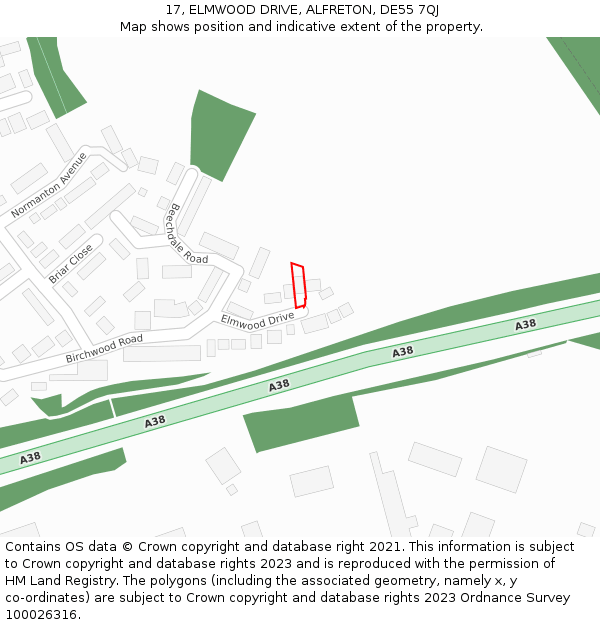 17, ELMWOOD DRIVE, ALFRETON, DE55 7QJ: Location map and indicative extent of plot