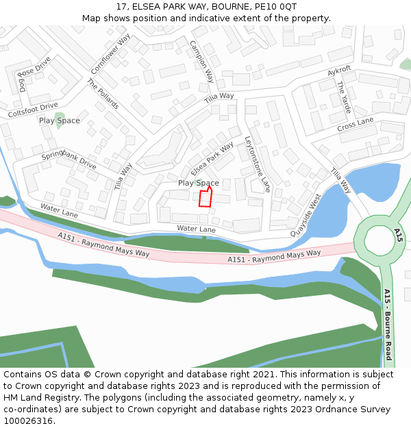 17, ELSEA PARK WAY, BOURNE, PE10 0QT: Location map and indicative extent of plot