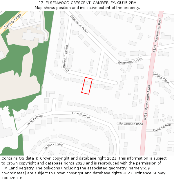 17, ELSENWOOD CRESCENT, CAMBERLEY, GU15 2BA: Location map and indicative extent of plot