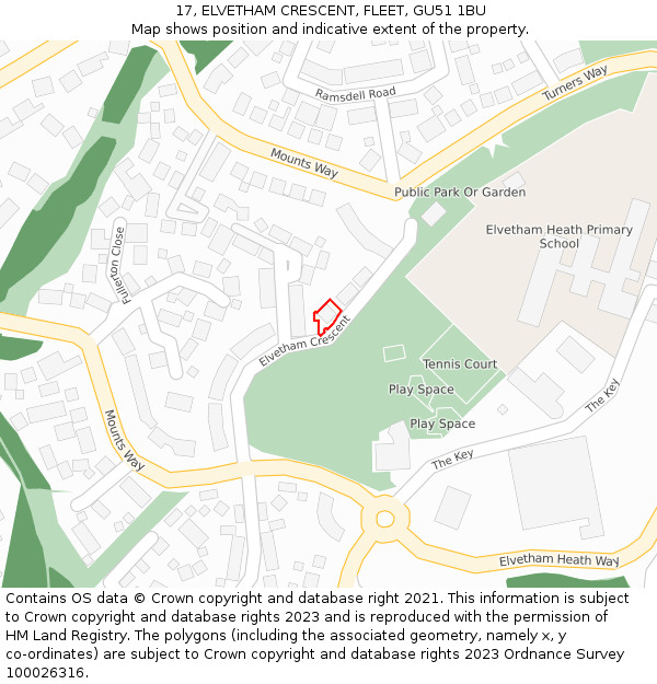 17, ELVETHAM CRESCENT, FLEET, GU51 1BU: Location map and indicative extent of plot