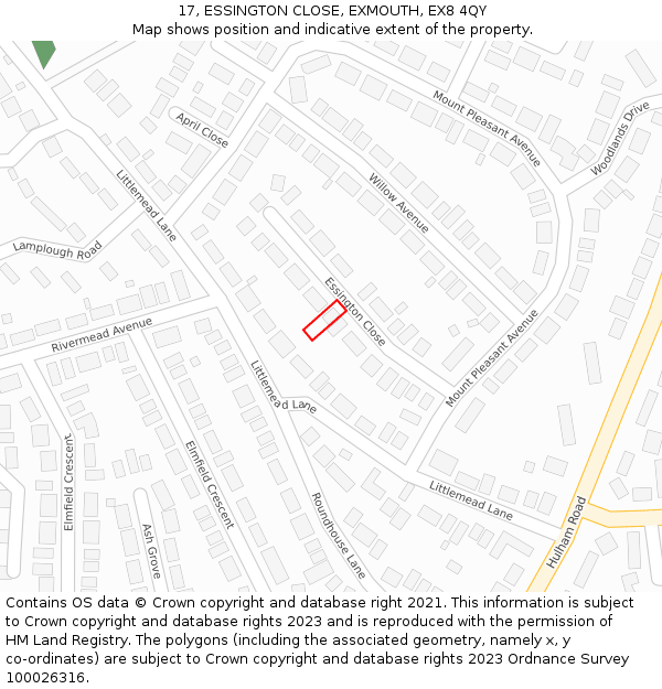 17, ESSINGTON CLOSE, EXMOUTH, EX8 4QY: Location map and indicative extent of plot