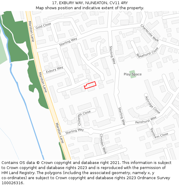 17, EXBURY WAY, NUNEATON, CV11 4RY: Location map and indicative extent of plot