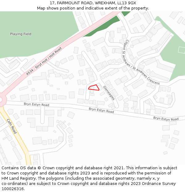 17, FAIRMOUNT ROAD, WREXHAM, LL13 9GX: Location map and indicative extent of plot