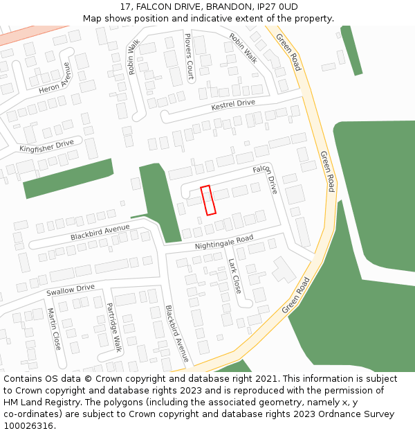 17, FALCON DRIVE, BRANDON, IP27 0UD: Location map and indicative extent of plot