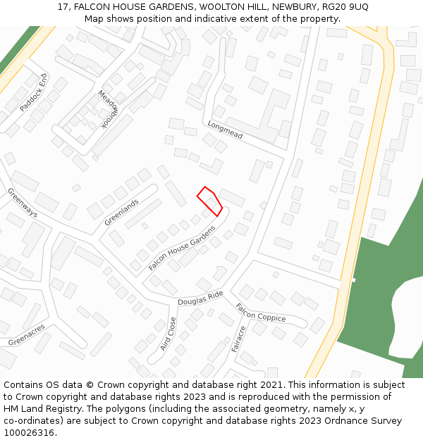 17, FALCON HOUSE GARDENS, WOOLTON HILL, NEWBURY, RG20 9UQ: Location map and indicative extent of plot