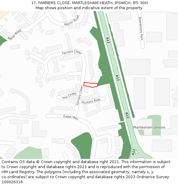 17, FARRIERS CLOSE, MARTLESHAM HEATH, IPSWICH, IP5 3SN: Location map and indicative extent of plot
