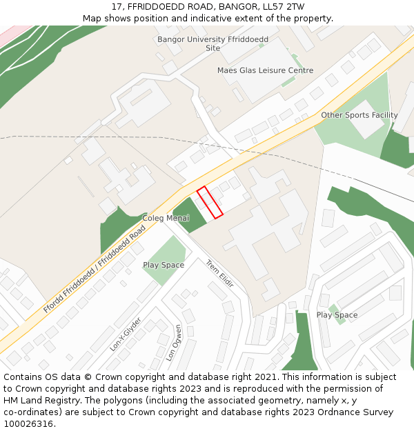 17, FFRIDDOEDD ROAD, BANGOR, LL57 2TW: Location map and indicative extent of plot