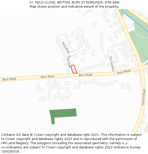 17, FIELD CLOSE, BEYTON, BURY ST EDMUNDS, IP30 9AW: Location map and indicative extent of plot