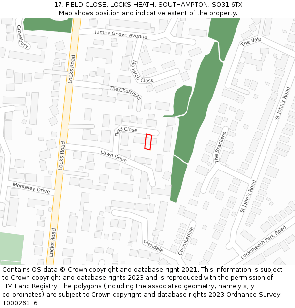 17, FIELD CLOSE, LOCKS HEATH, SOUTHAMPTON, SO31 6TX: Location map and indicative extent of plot