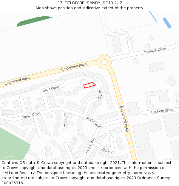 17, FIELDFARE, SANDY, SG19 2UZ: Location map and indicative extent of plot