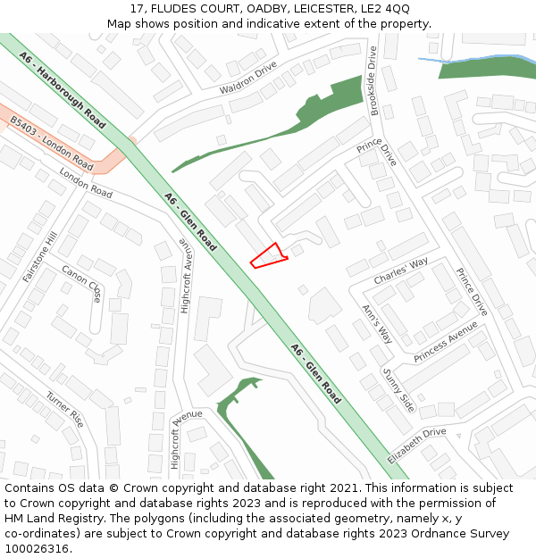 17, FLUDES COURT, OADBY, LEICESTER, LE2 4QQ: Location map and indicative extent of plot