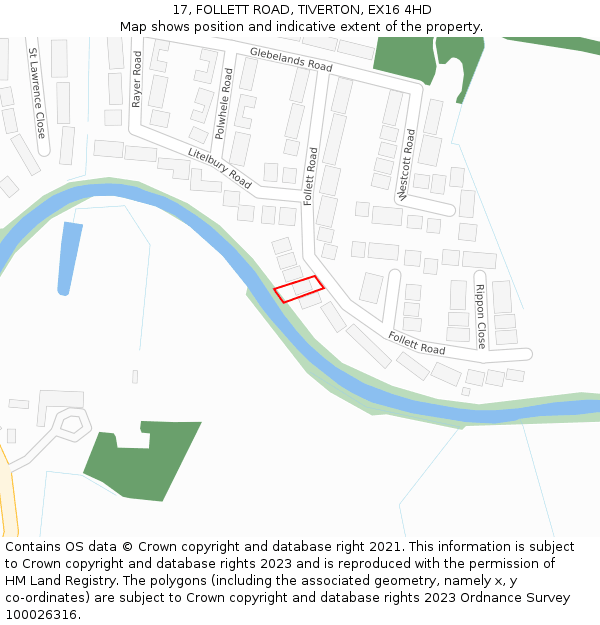 17, FOLLETT ROAD, TIVERTON, EX16 4HD: Location map and indicative extent of plot