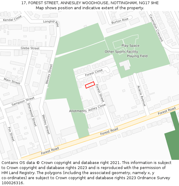 17, FOREST STREET, ANNESLEY WOODHOUSE, NOTTINGHAM, NG17 9HE: Location map and indicative extent of plot