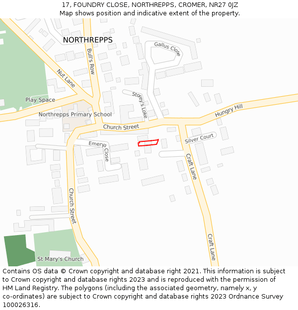 17, FOUNDRY CLOSE, NORTHREPPS, CROMER, NR27 0JZ: Location map and indicative extent of plot