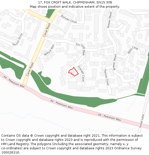 17, FOX CROFT WALK, CHIPPENHAM, SN15 3YB: Location map and indicative extent of plot