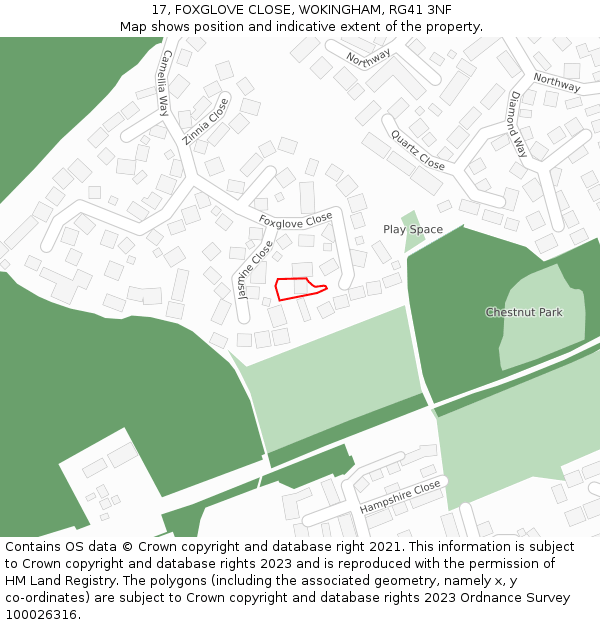 17, FOXGLOVE CLOSE, WOKINGHAM, RG41 3NF: Location map and indicative extent of plot