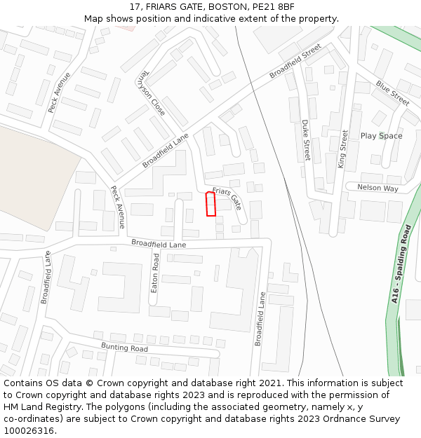 17, FRIARS GATE, BOSTON, PE21 8BF: Location map and indicative extent of plot