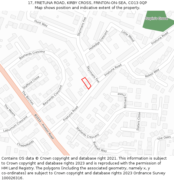 17, FRIETUNA ROAD, KIRBY CROSS, FRINTON-ON-SEA, CO13 0QP: Location map and indicative extent of plot