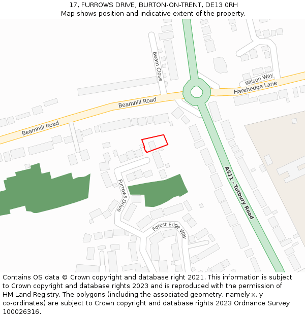 17, FURROWS DRIVE, BURTON-ON-TRENT, DE13 0RH: Location map and indicative extent of plot